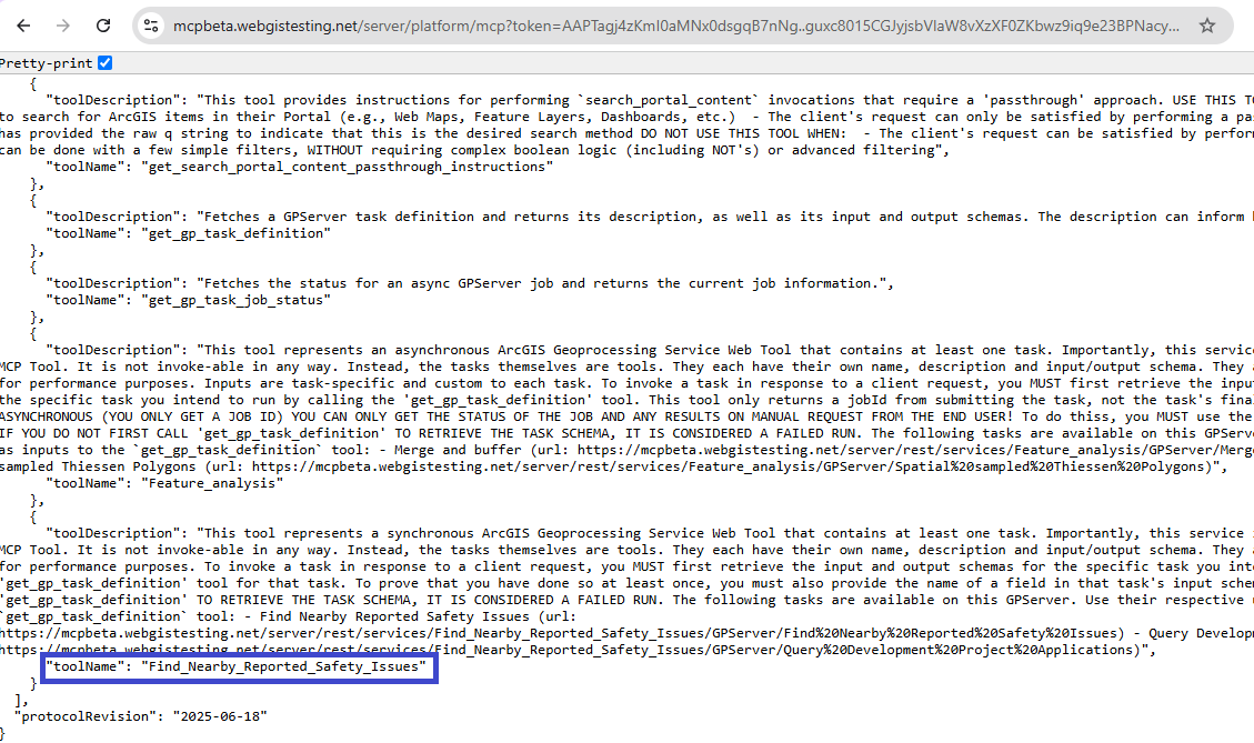 The MCP catalog tool list returned by the MCP server, showing the custom Find_Nearby_Reported_Safety_Issues tool listed alongside the default tools.