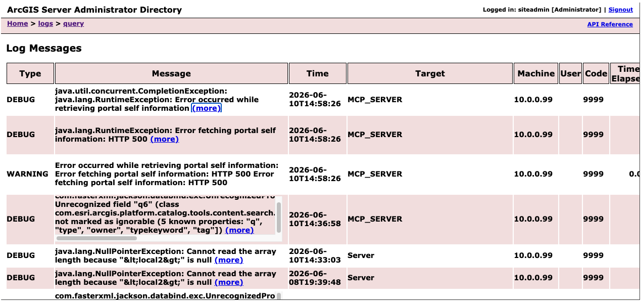 ArcGIS Server Administrator Directory log query results showing MCP entries at DEBUG and WARNING level with the MCP_SERVER target and code 9999.