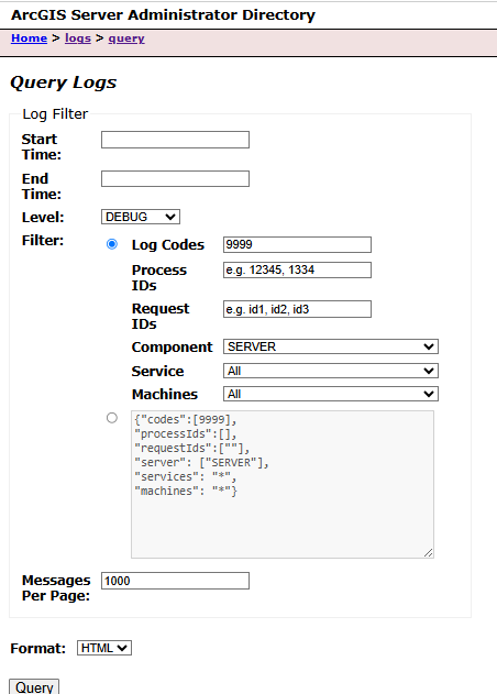 The Query Logs form in the ArcGIS Server Administrator Directory, with Level set to DEBUG and Log Codes set to 9999, and the equivalent JSON filter shown below.