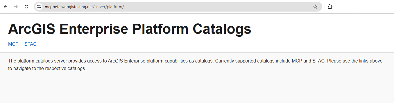 The ArcGIS Enterprise Platform Catalogs page served at /server/platform/, showing the heading, the MCP and STAC navigation links, and the description text.